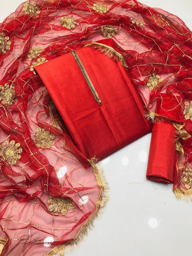 3 Pcs Women's Unstitched Silk Plain Suit