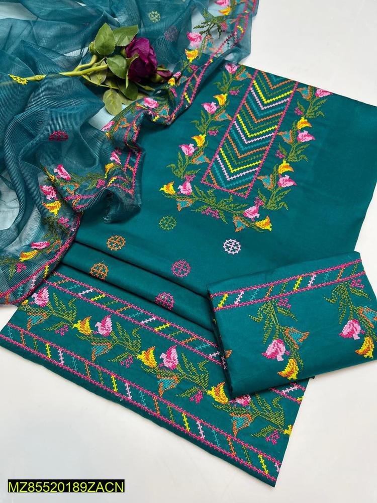 3 Pcs Women's Unstitched Cotton Embroidered Suit