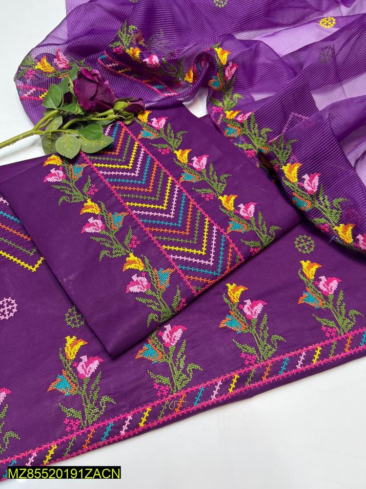 3 Pcs Women's Unstitched Cotton Embroidered Suit