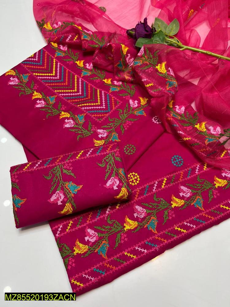 3 Pcs Women's Unstitched Cotton Embroidered Suit