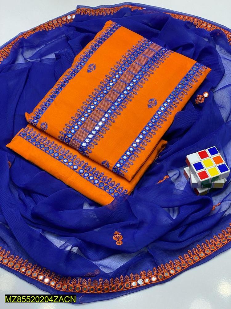 3 Pcs Women's Unstitched Cotton Embroidered Suit