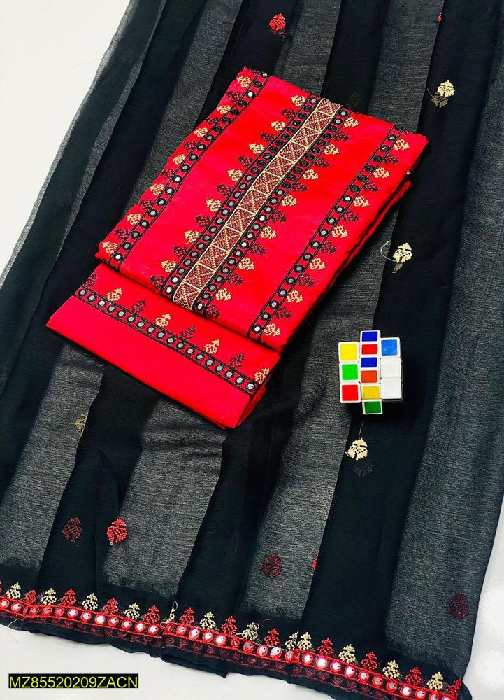 3 Pcs Women's Unstitched Cotton Embroidered Suit