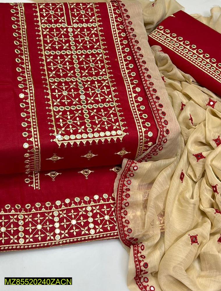 3 Pcs Women's Unstitched Cross Stitch Cotton Embroidered Suit