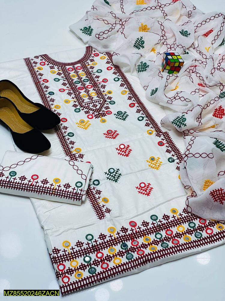 3 Pcs Women's Unstitched Cross Stitch Cotton Embroidered Suit