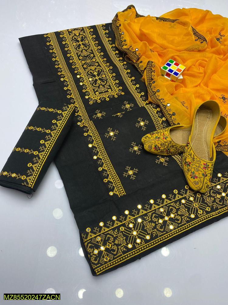 3 Pcs Women's Unstitched Cross Stitch Cotton Embroidered Suit