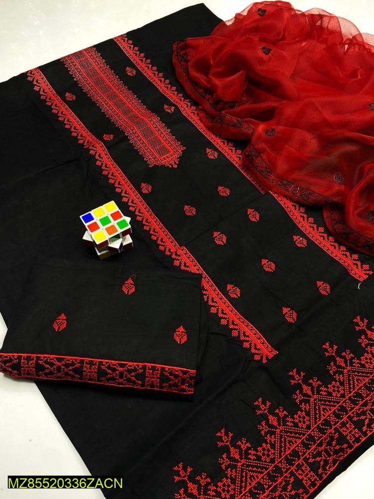 3 Pcs Women's Unstitched Cotton Embroidered Suit