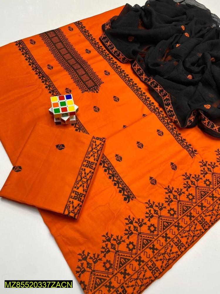 3 Pcs Women's Unstitched Cotton Embroidered Suit