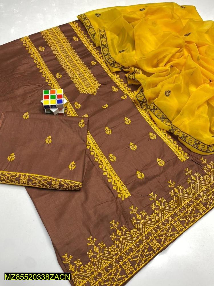 3 Pcs Women's Unstitched Cotton Embroidered Suit