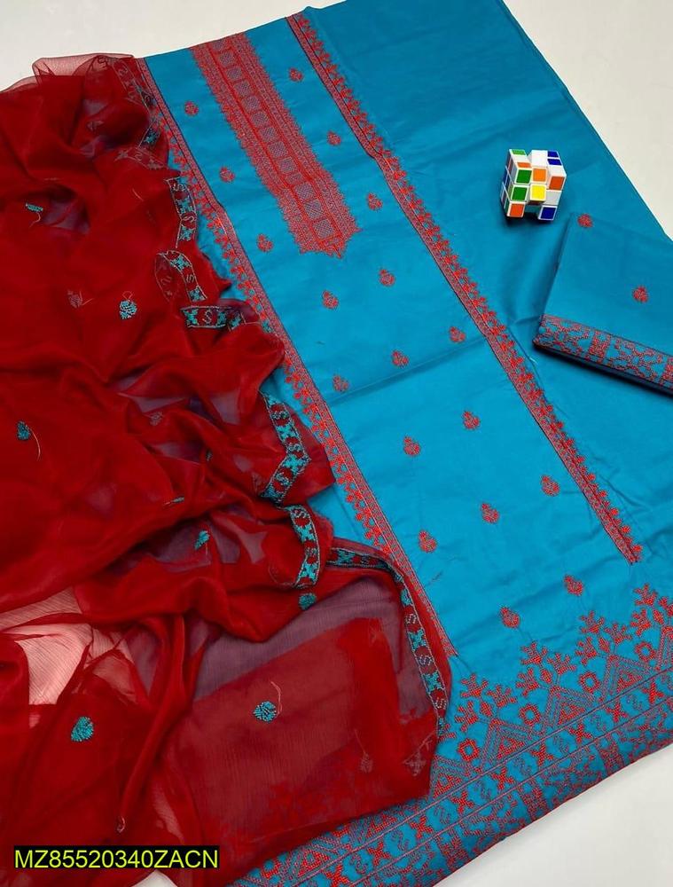 3 Pcs Women's Unstitched Cotton Embroidered Suit