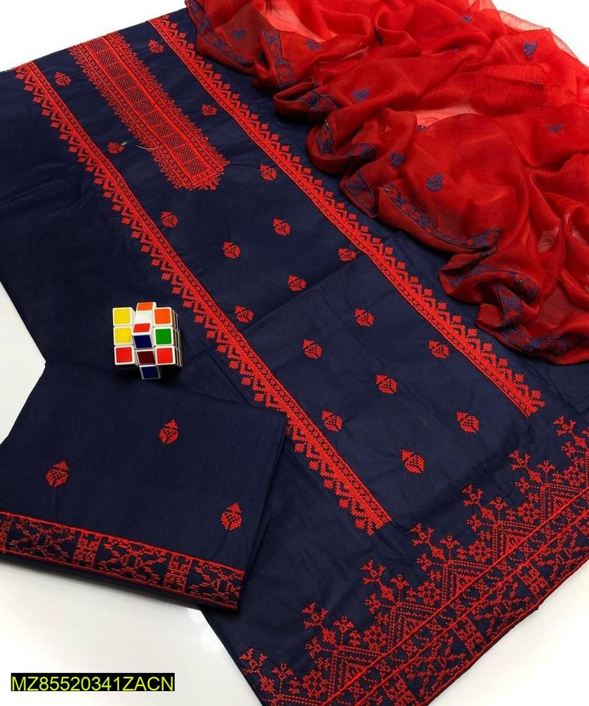 3 Pcs Women's Unstitched Cotton Embroidered Suit