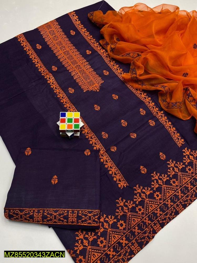 3 Pcs Women's Unstitched Cotton Embroidered Suit