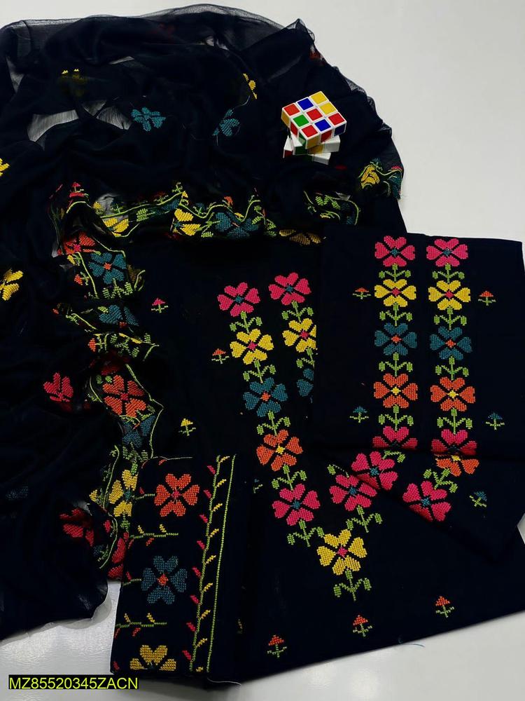 3 Pcs Women's Unstitched Cotton Embroidered Suit