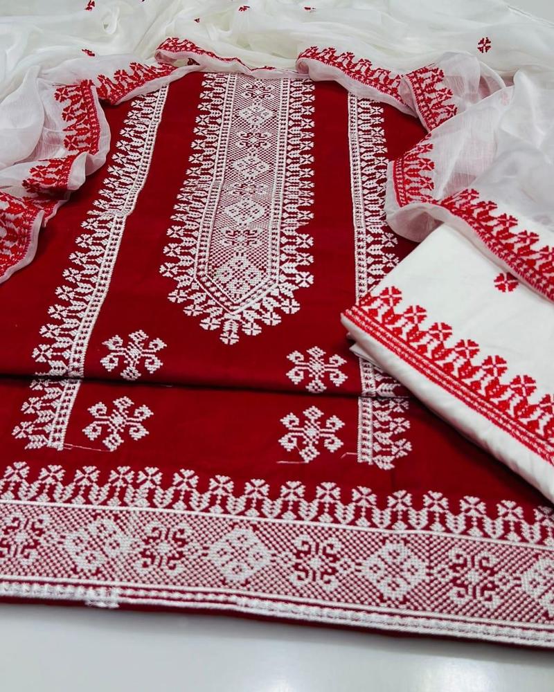 3 Pcs Women's Unstitched Cotton Embroidered Suit