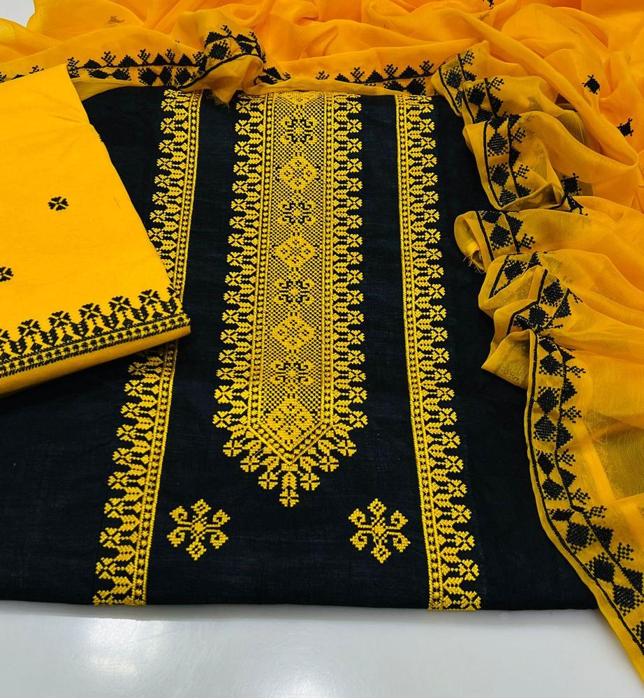 3 Pcs Women's Unstitched Cotton Embroidered Suit