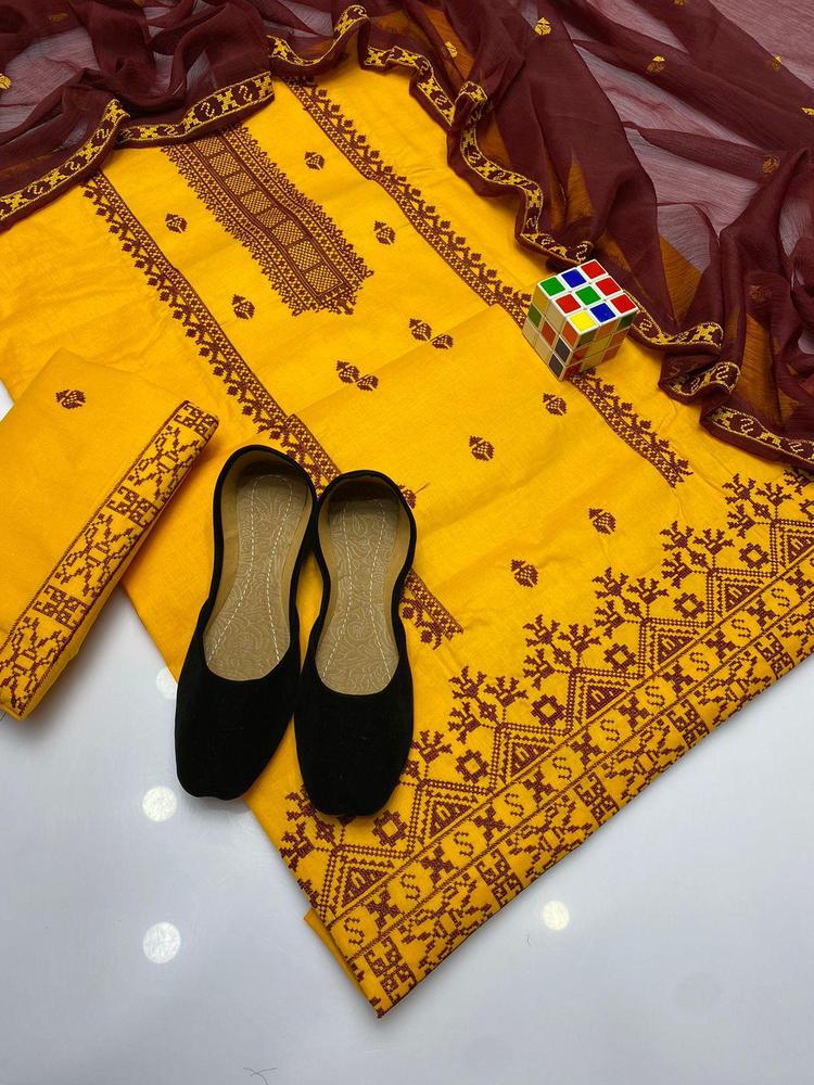 4 Pcs Women's Unstitched Cotton Embroidered Suit