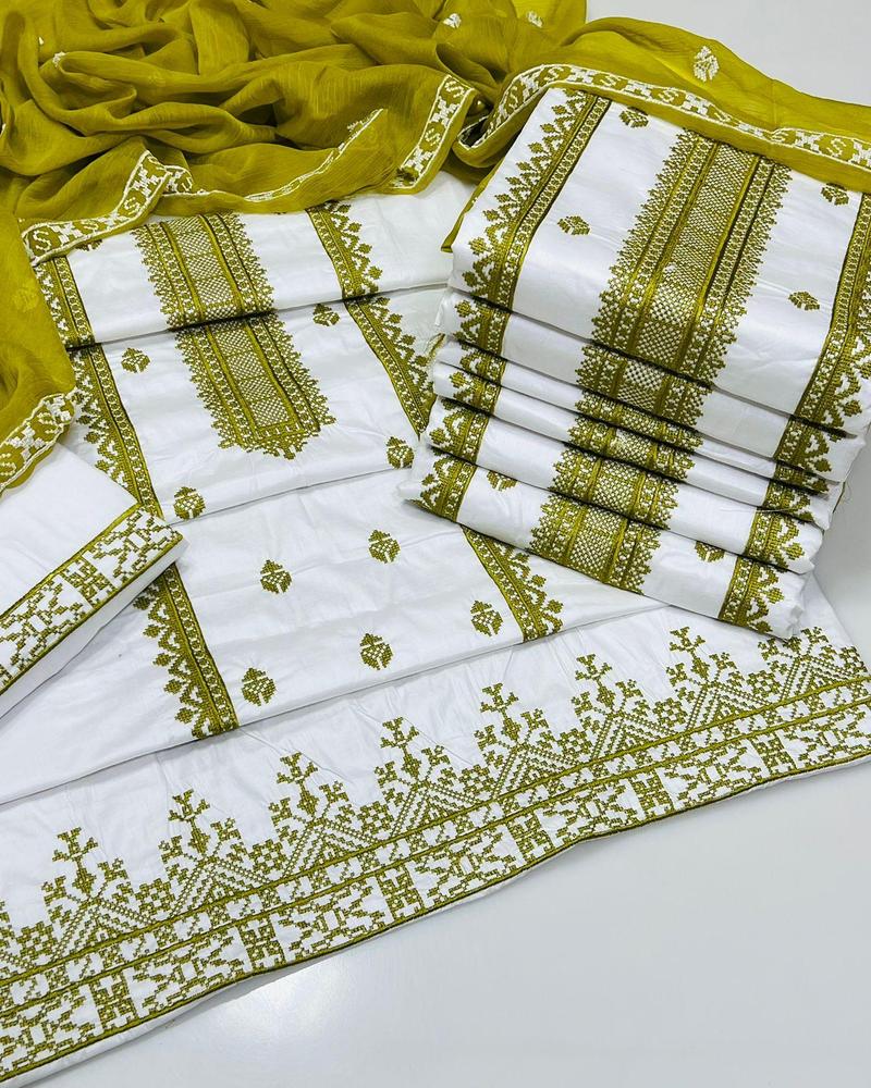 3 Pcs Women's Unstitched Cotton Embroidered Suit