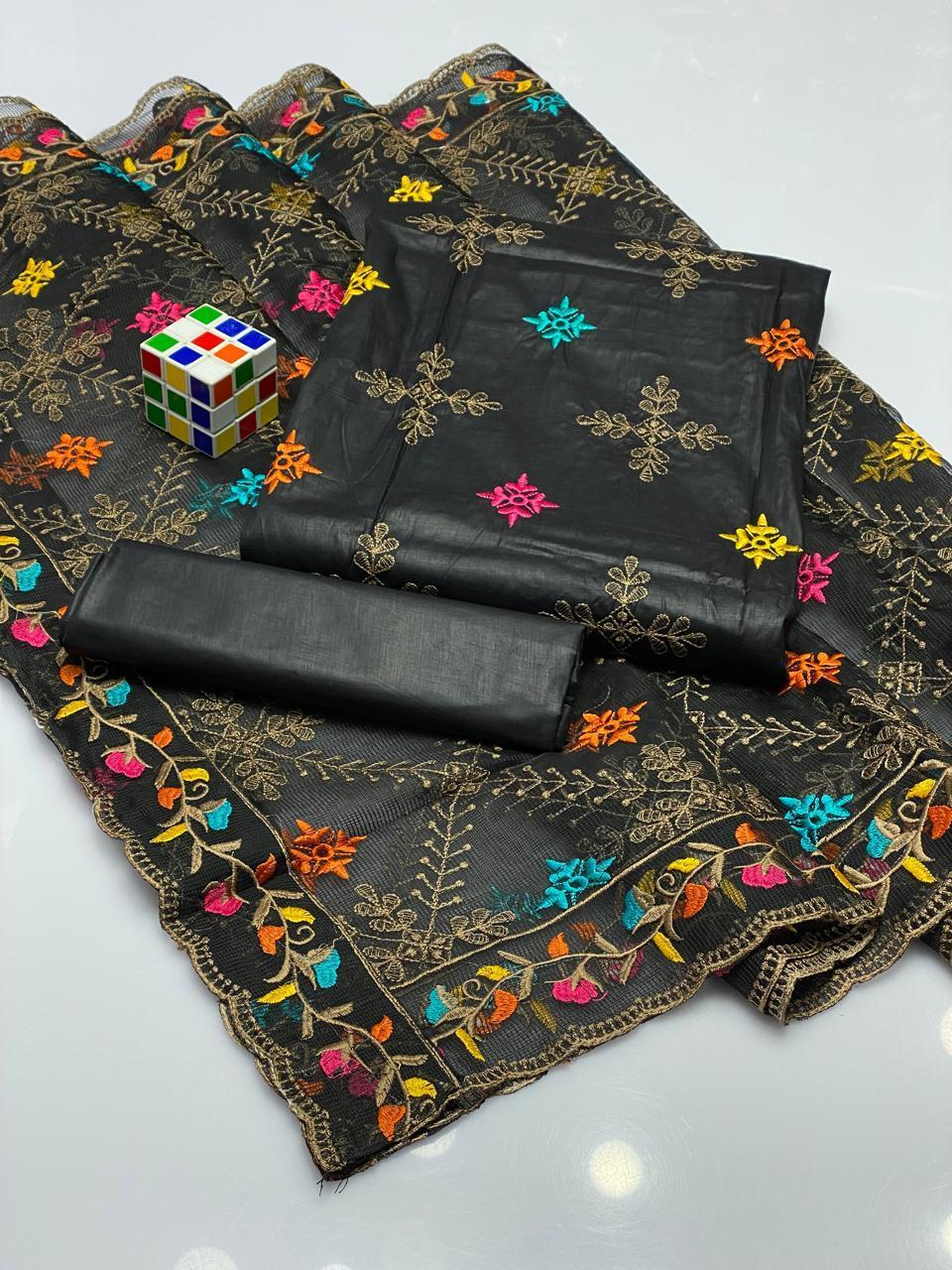 3 Pcs Women's Unstitched Cotton Lawn Embroidered Suit