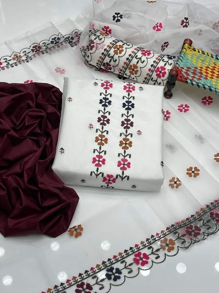 3 Pcs Women's Unstitched Net Embroidered Suit