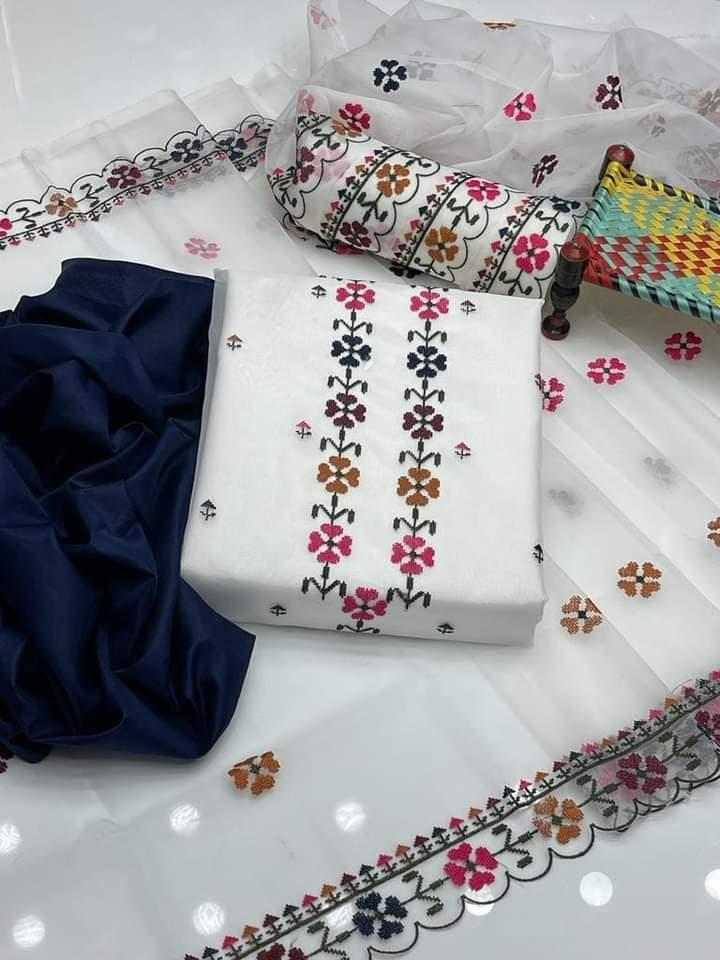 3 Pcs Women's Unstitched Net Embroidered Suit