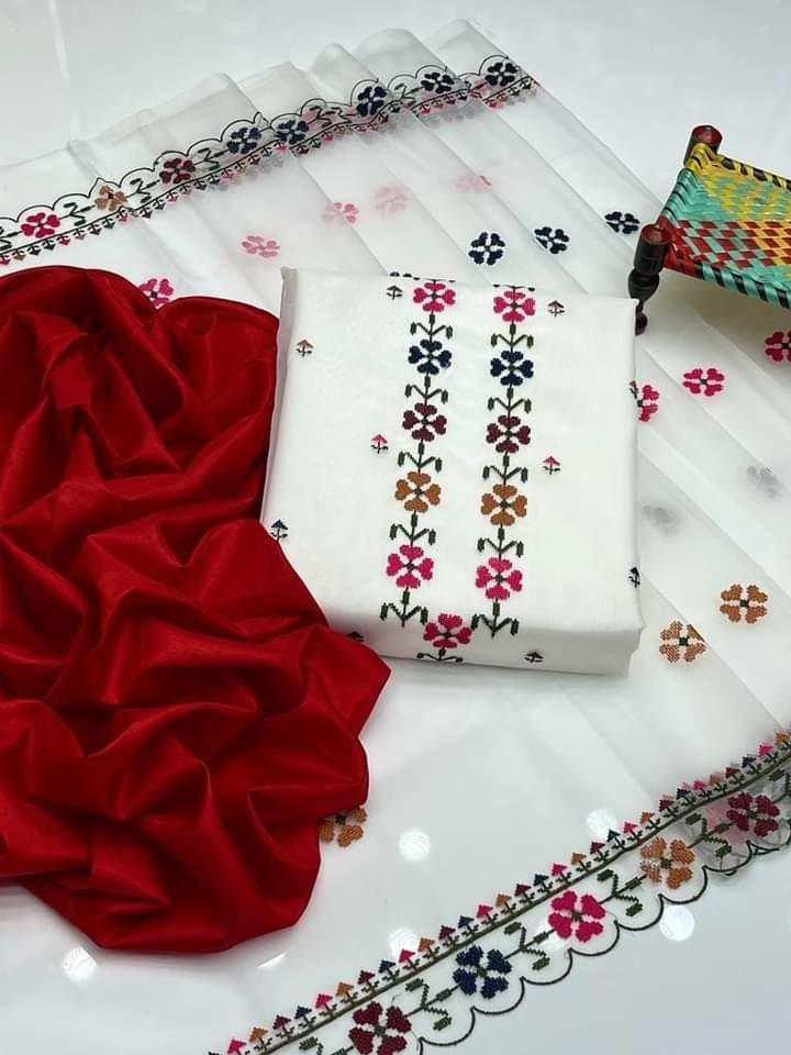 3 Pcs Women's Unstitched Net Embroidered Suit