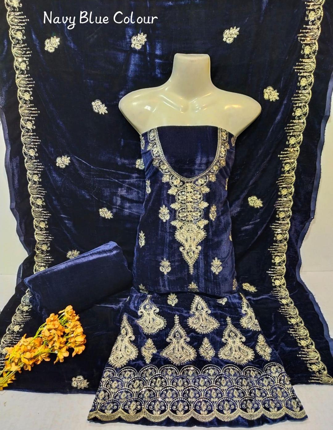 3 Pcs Women's Unstitched Velvet Sequins Embroidered Suit