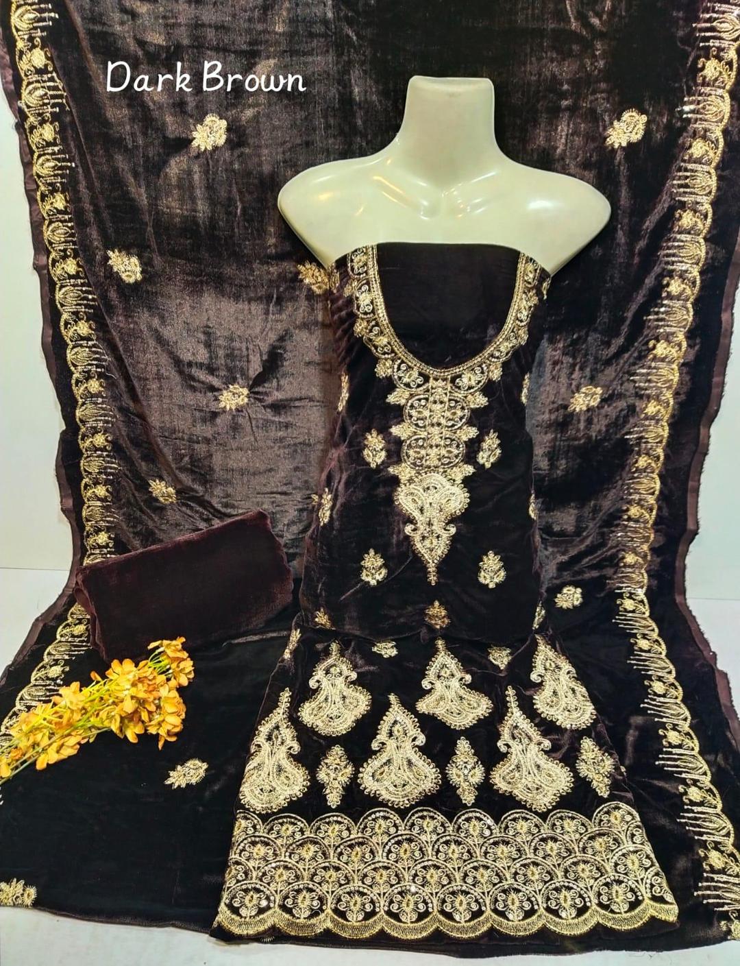 3 Pcs Women's Unstitched Velvet Sequins Embroidered Suit