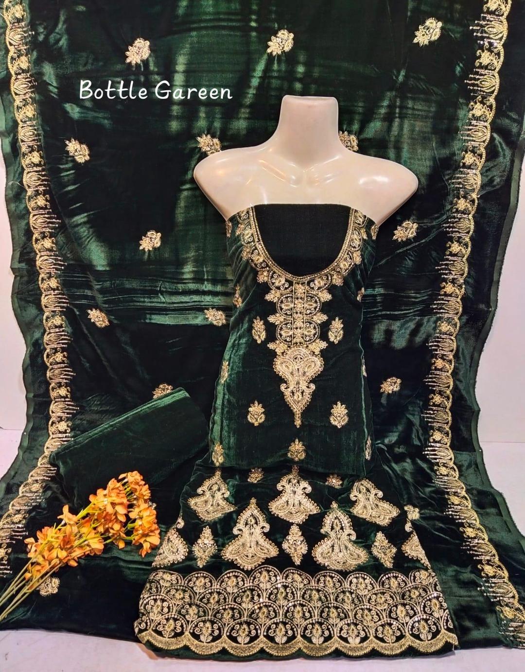 3 Pcs Women's Unstitched Velvet Sequins Embroidered Suit