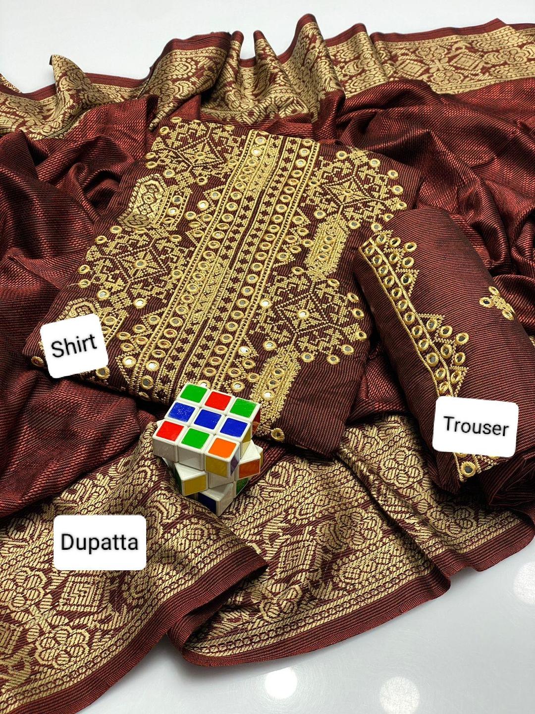 3 Pcs Women's Unstitched Jacquard Sequins Embroidered Suit