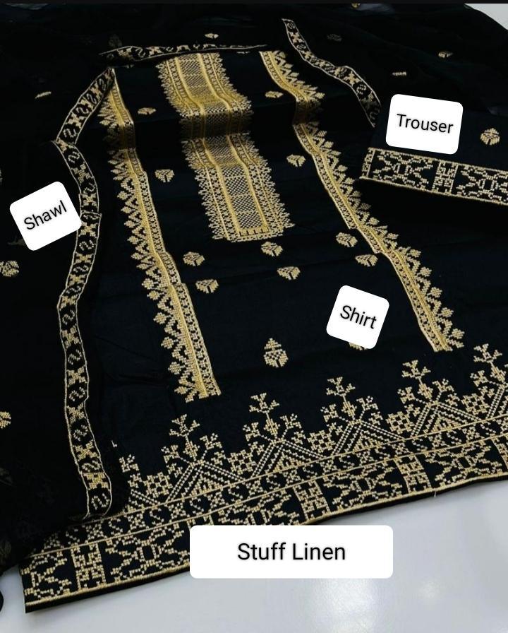 3 Pcs Women's Unstitched Linen Embroidered Suit