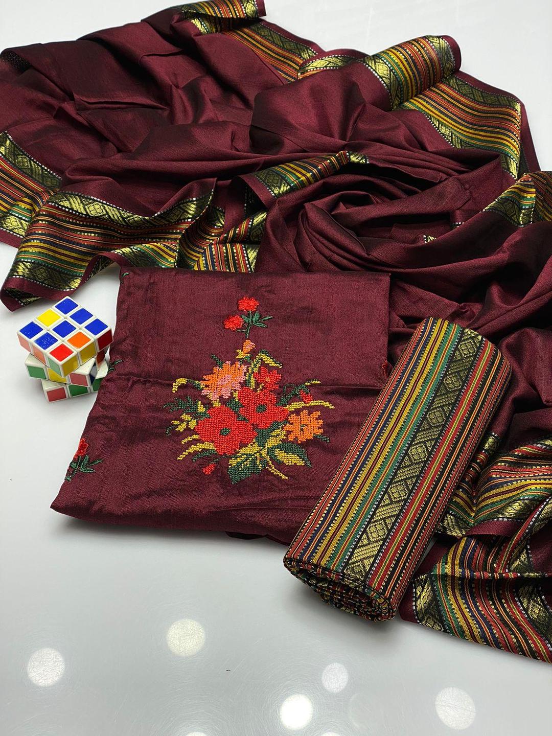 3 Pcs Women's Unstitched Sussi Zari Tilla Embroidered Suit