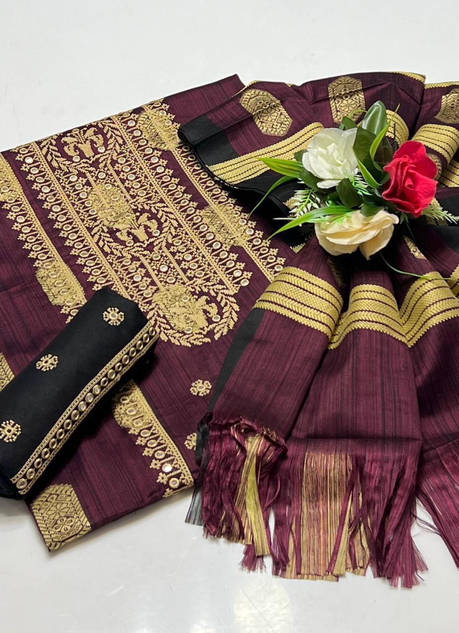 3 Pcs Women's Unstitched Jacquard Sequins Embroidered Suit