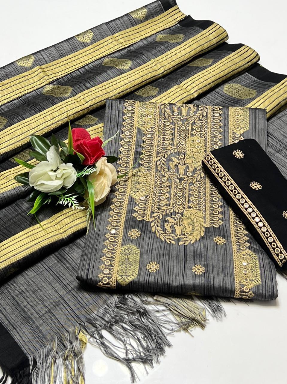 3 Pcs Women's Unstitched Jacquard Sequins Embroidered Suit