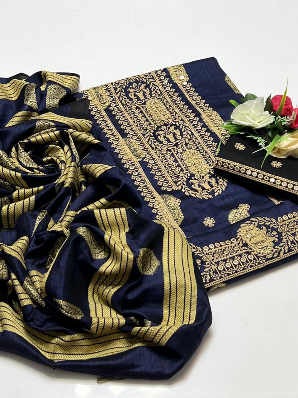 3 Pcs Women's Unstitched Jacquard Sequins Embroidered Suit