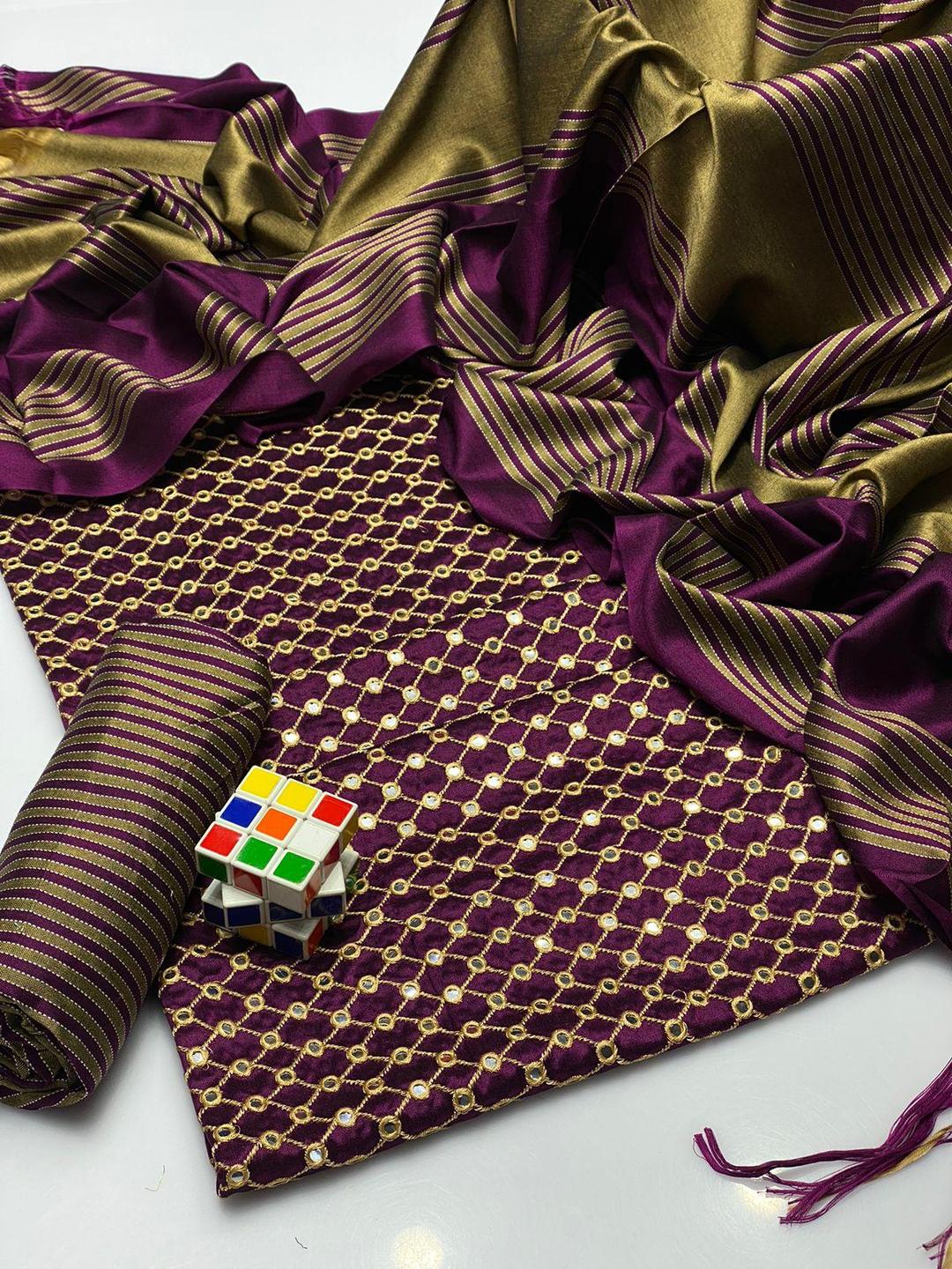 3 Pcs Women's Unstitched Banarsi Mirror Work Suit