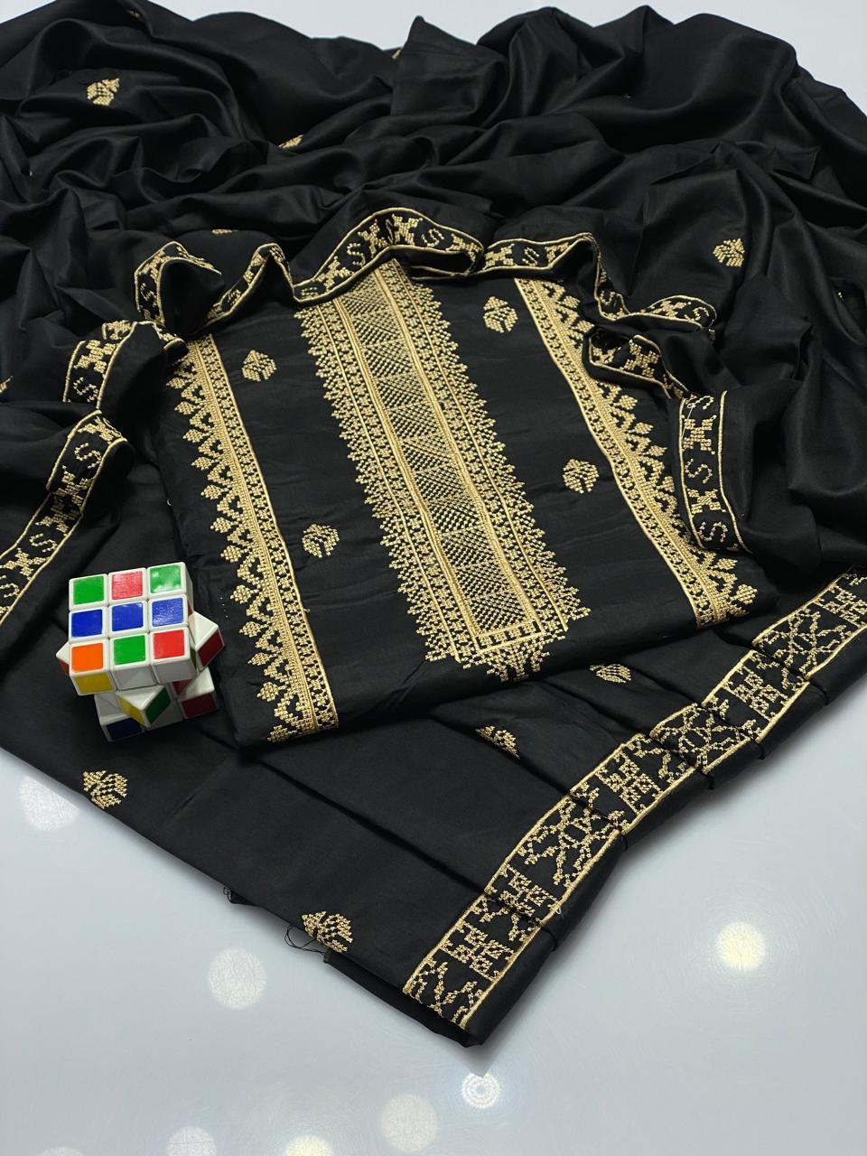 3 Pcs Women's Unstitched Linen Embroidered Suit