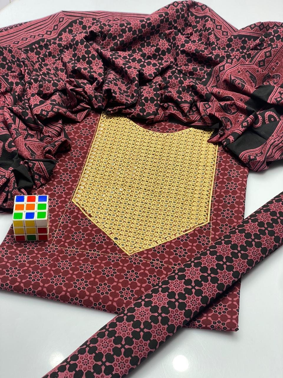 3 Pcs Women's Unstitched Cotton Jacquard Sequins Embroidered Suit