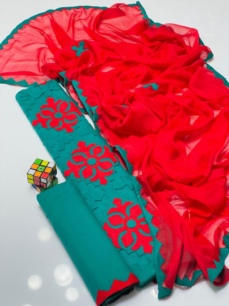 3 Pcs Women's Unstitched Lawn Applique Suit