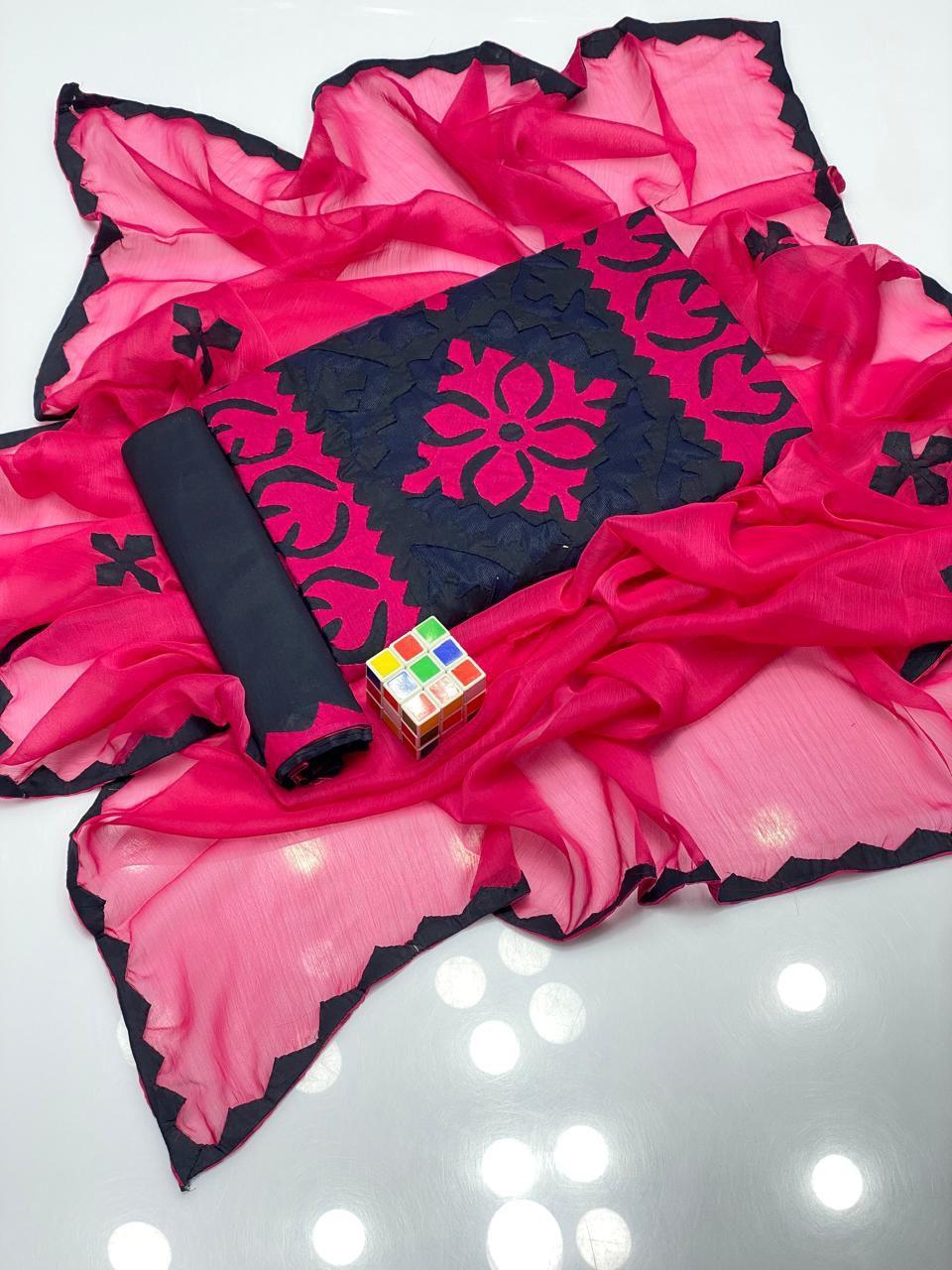 3 Pcs Women's Unstitched Lawn Applique Suit