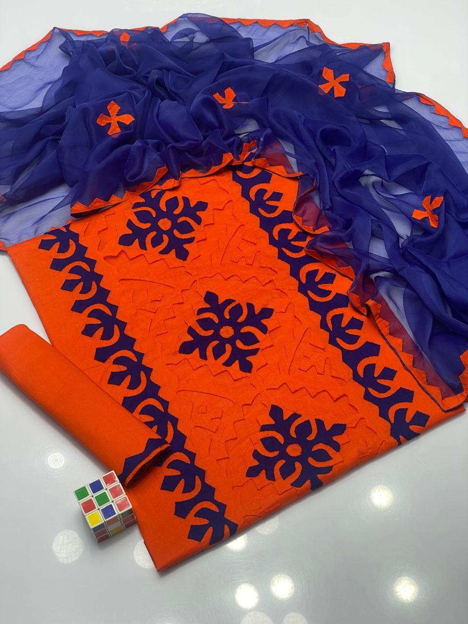 3 Pcs Women's Unstitched Lawn Applique Suit