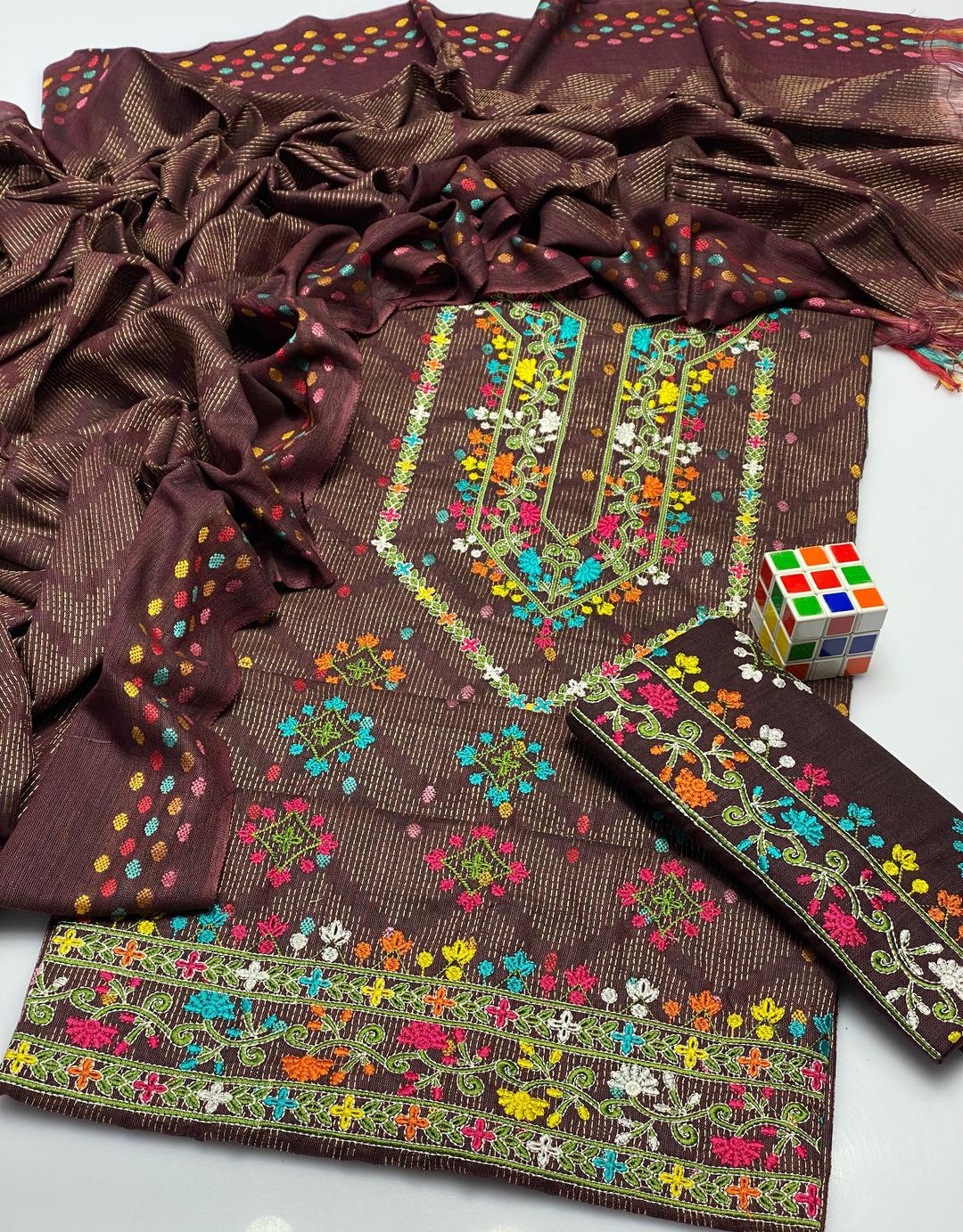 3 Pcs Women's Unstitched Jacquard Zari Tilla Embroidered Suit