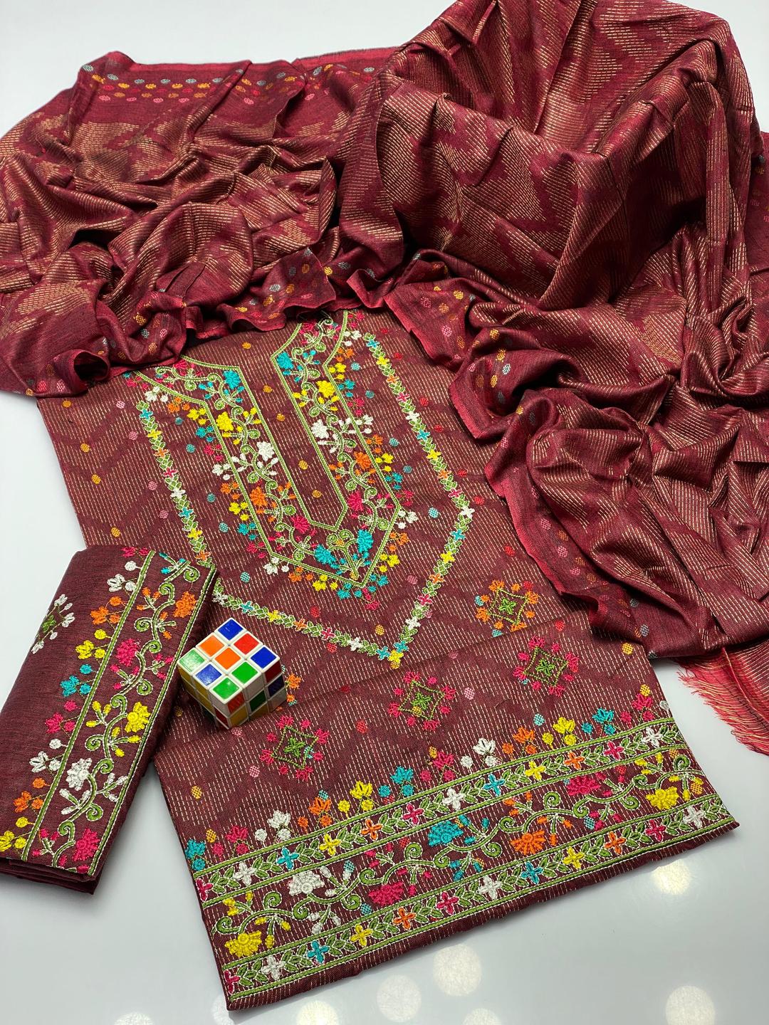 3 Pcs Women's Unstitched Jacquard Zari Tilla Embroidered Suit