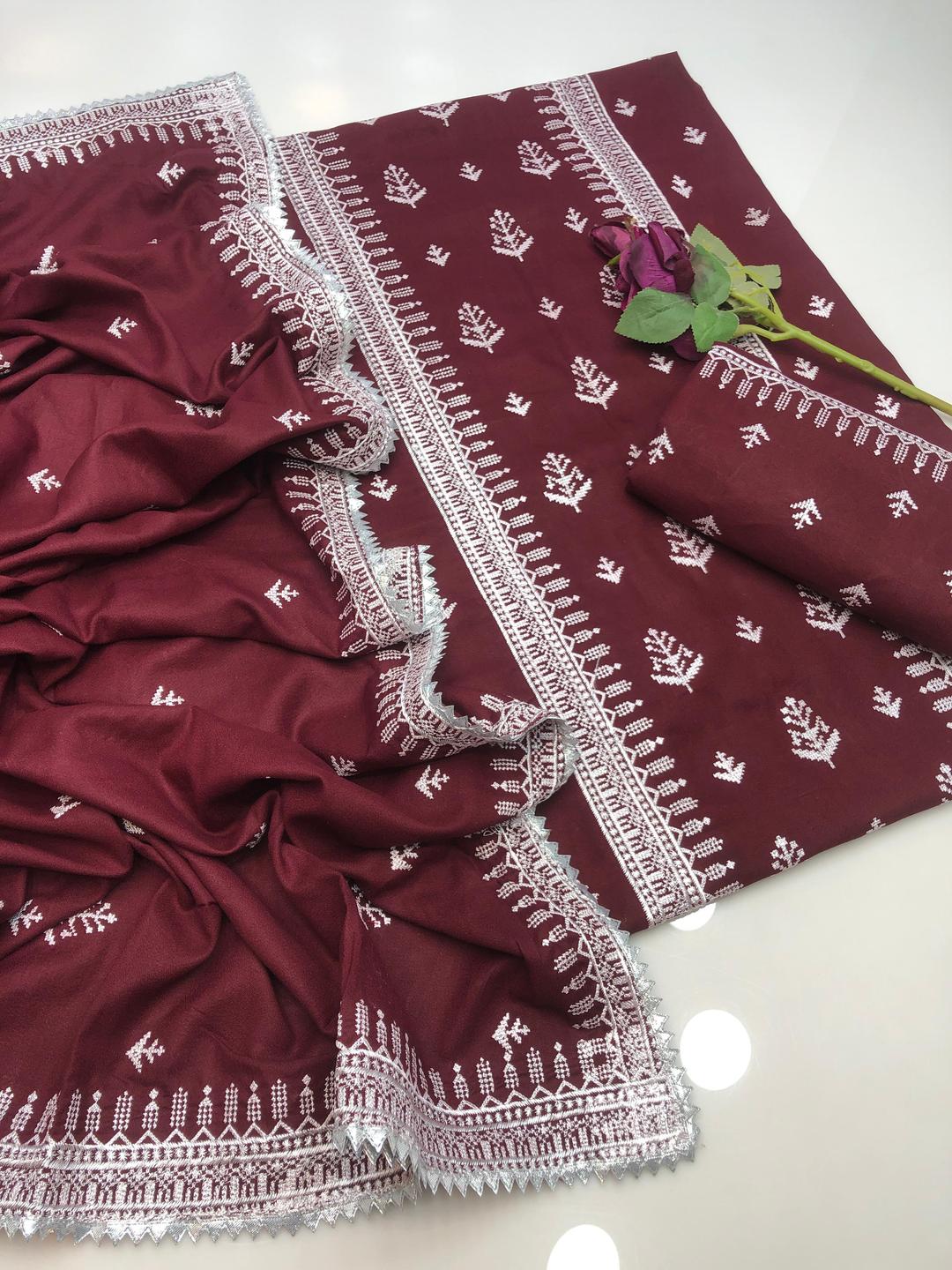 3 Pcs Women's Unstitched Zari Tilla Embroidered Suit