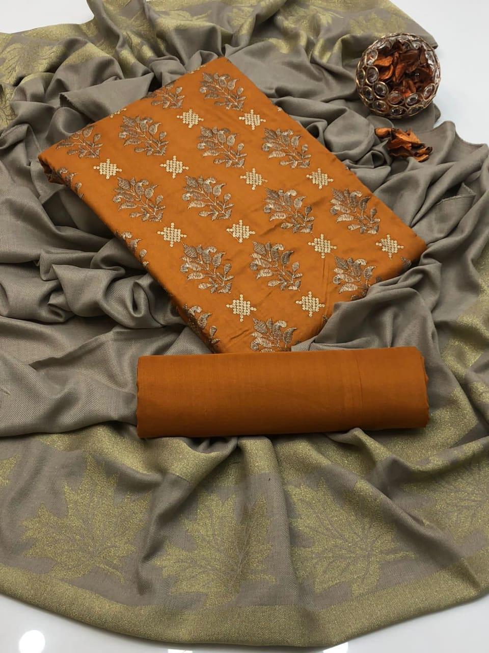 3 Pcs Women's Unstitched Zari Tilla Embroidered Suit