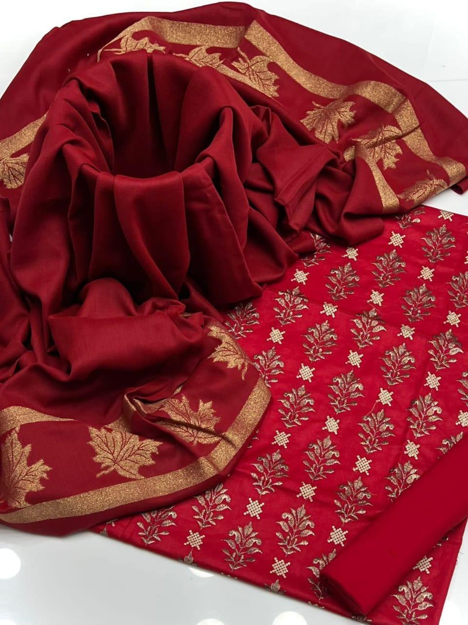 3 Pcs Women's Unstitched Zari Tilla Embroidered Suit