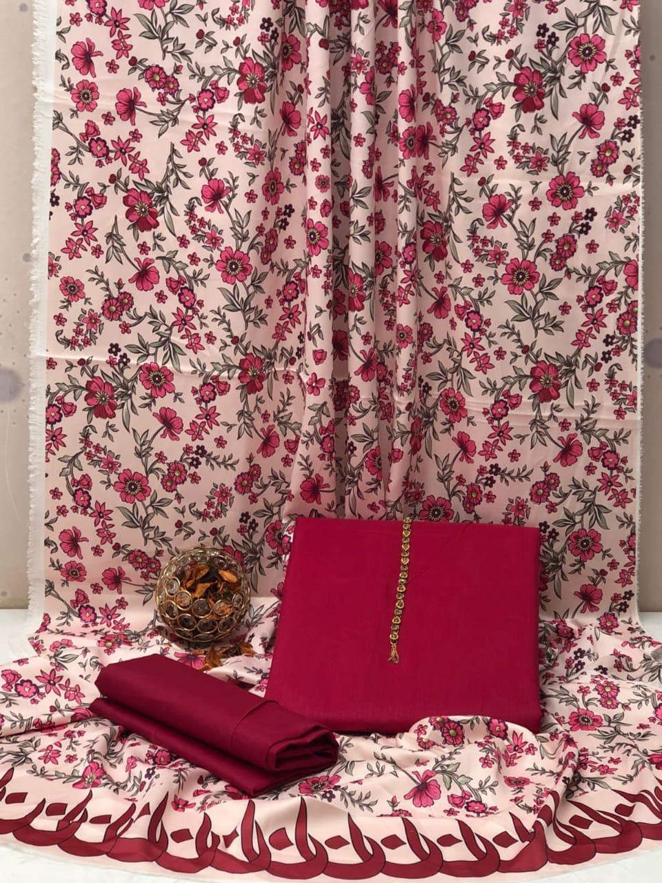 3 Pcs Women's Unstitched Plain Suit