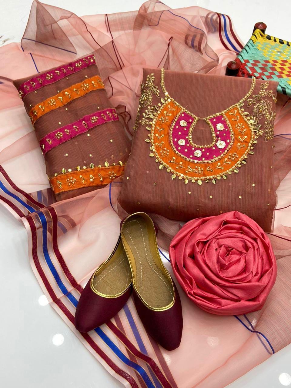 3 Pcs Women's Unstitched Zari Tilla Embroidered Suit