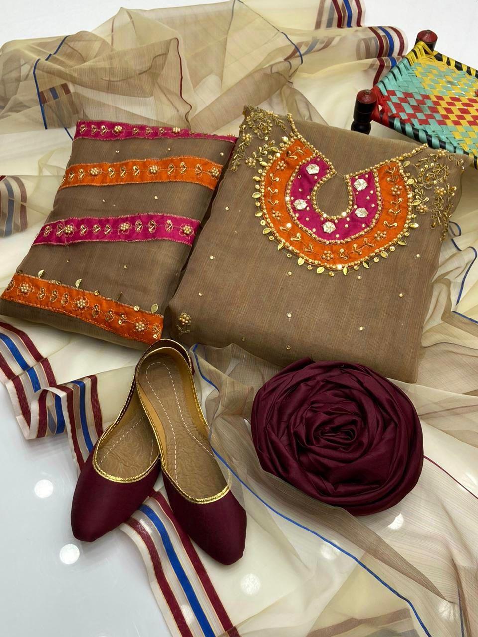 3 Pcs Women's Unstitched Zari Tilla Embroidered Suit