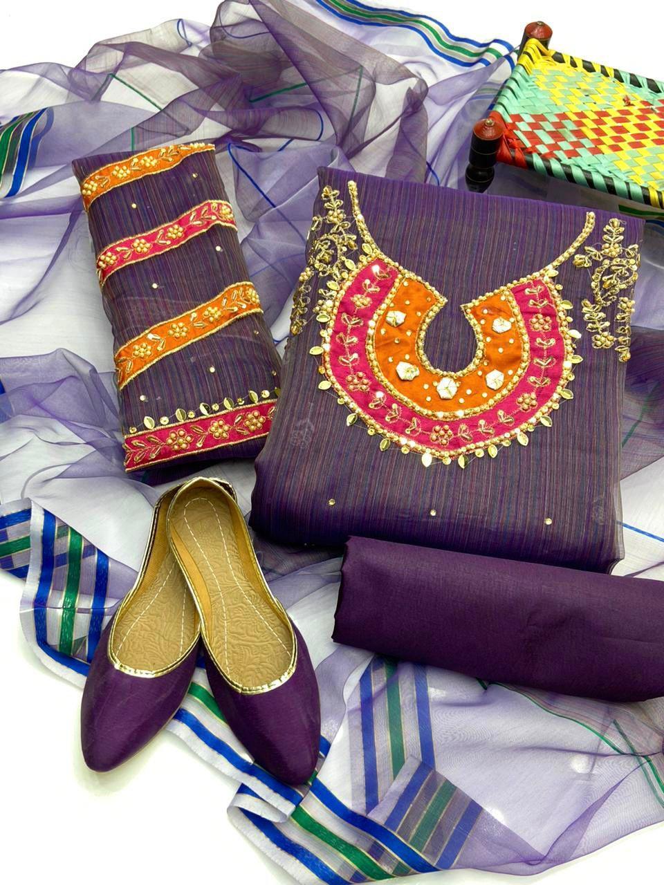 3 Pcs Women's Unstitched Zari Tilla Embroidered Suit