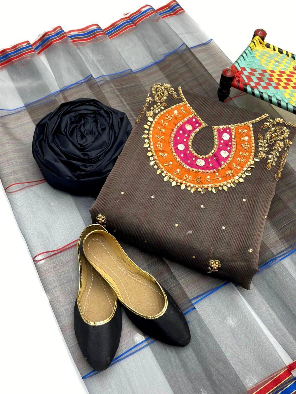 3 Pcs Women's Unstitched Zari Tilla Embroidered Suit