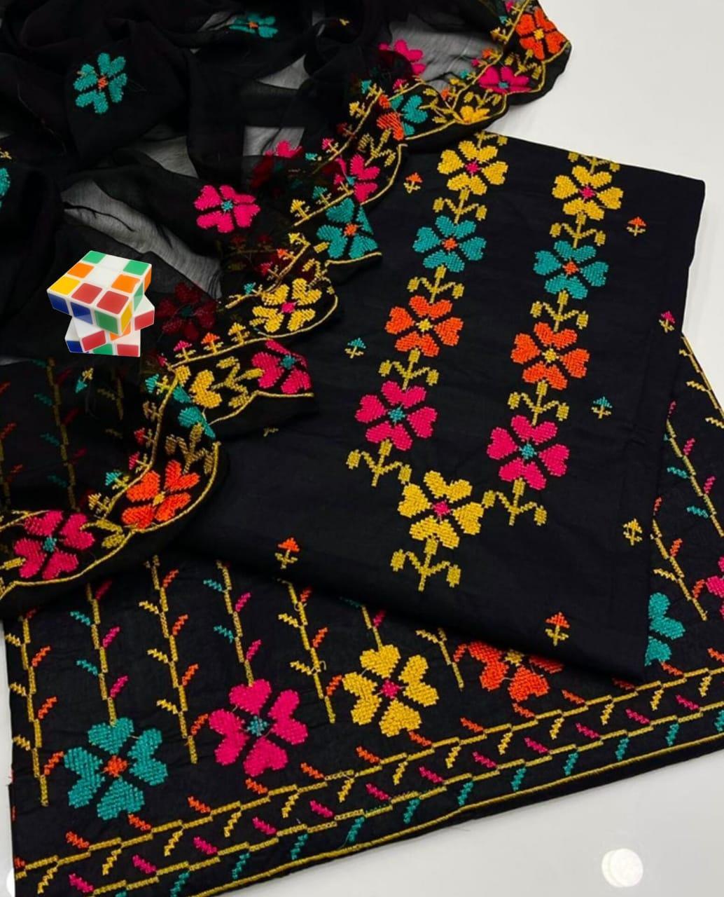 3 Pcs Women's Unstitched Chikankari Embroidered Suit